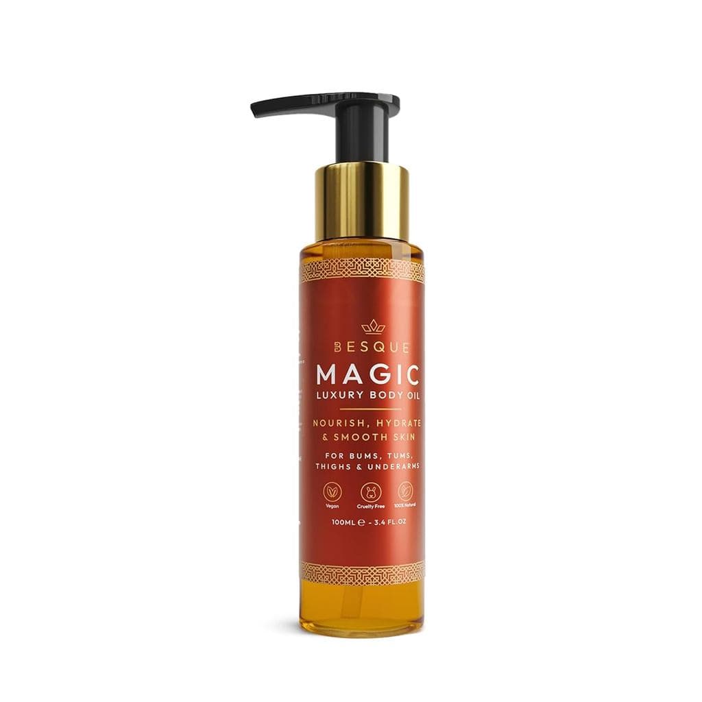 Óleo Corporal Besque Magi, 3.4 fl oz (aprox. 9.4 ml), óleo corporal feminino para uso após o banho, cuidado hidratante p