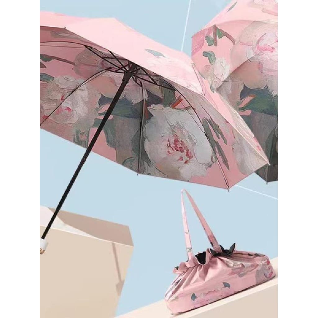 Guarda-sol de três dobras de camada dupla Pintura a óleo Chuva ou chuva Presente criativo de dupla utilização Guarda-chu