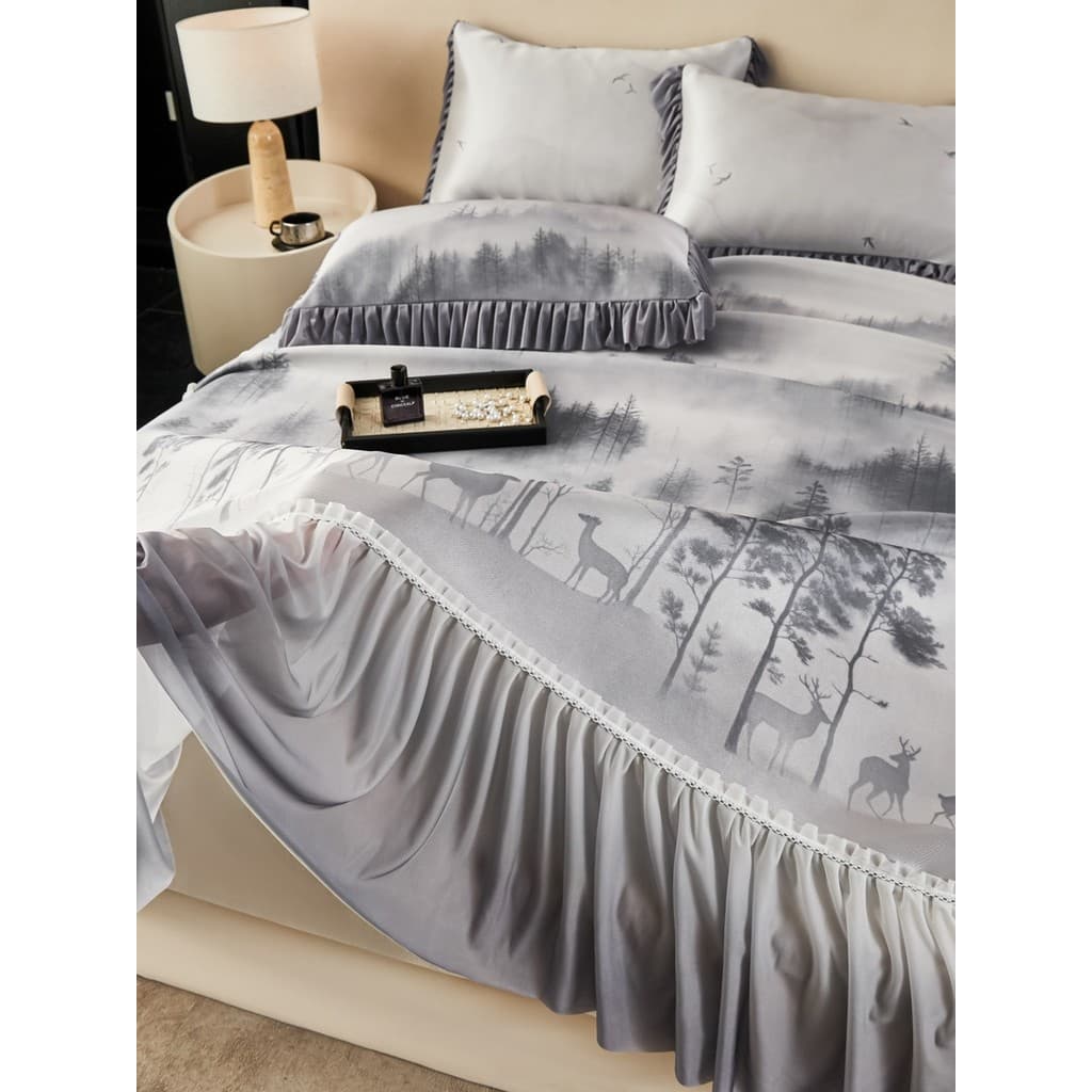 Saia de cama de seda gelo estilo tapete legal conjunto de três peças novo estilo chinês tinta impressa tapete de seda ge
