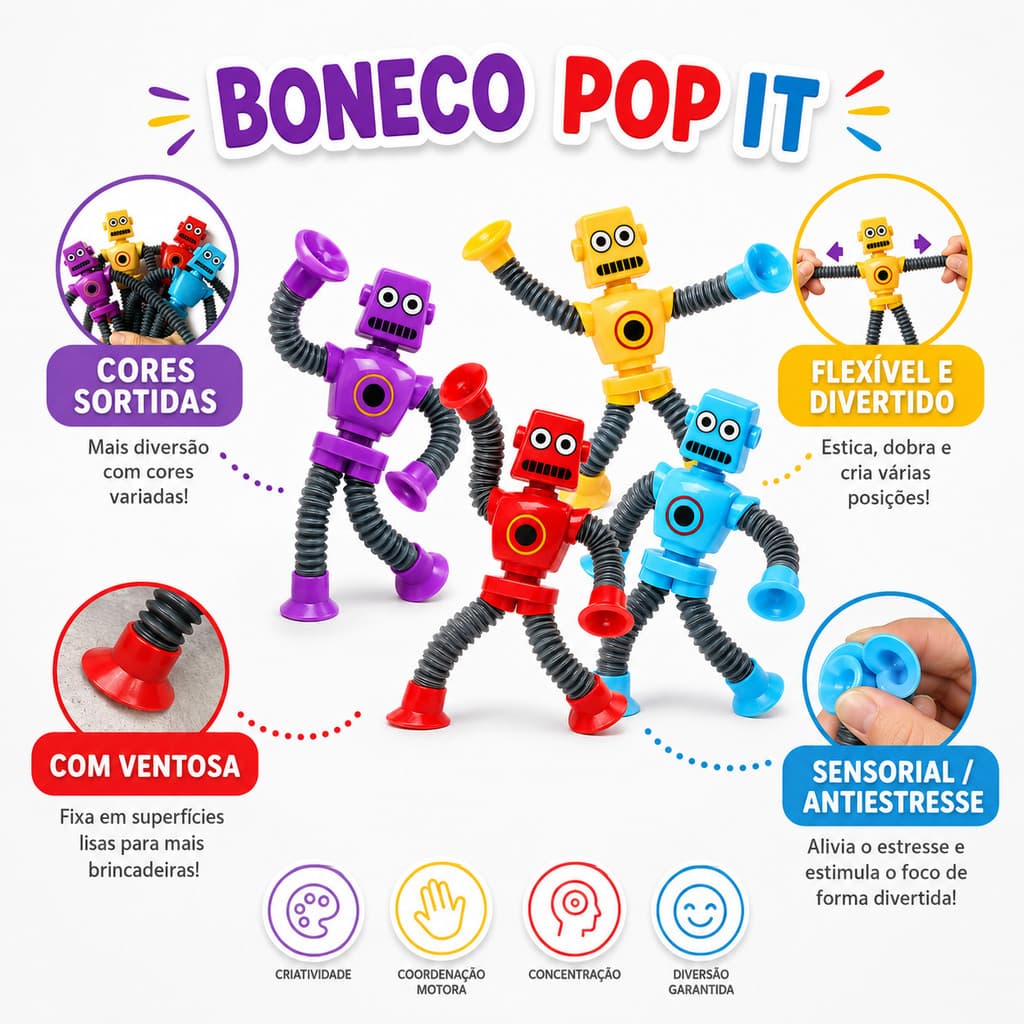 Brinquedo Robô Tube infantil  Estica Puxa Pop It Ventosa