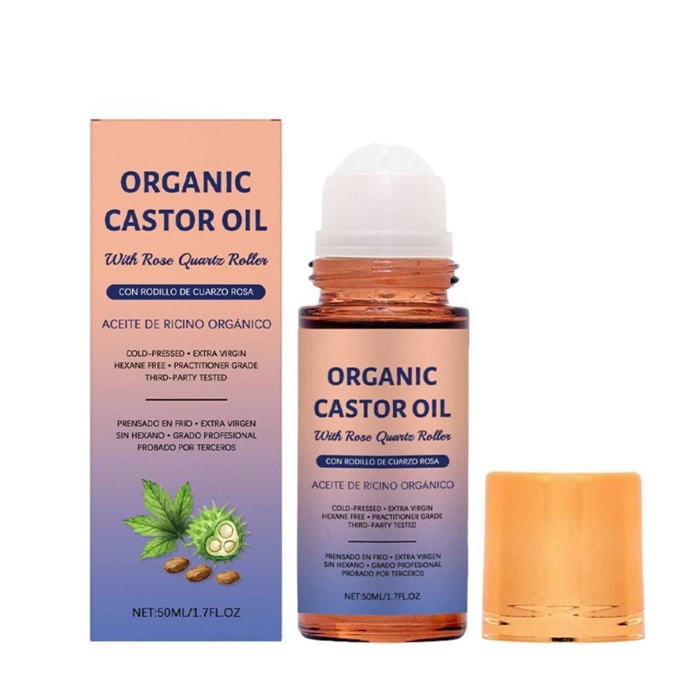 Óleo de Rícino Orgânico Roll-on com Rolo de Quartzo Rosa, 100% Óleo de Rícino Orgânico Prensado a Frio para Rosto e Corp