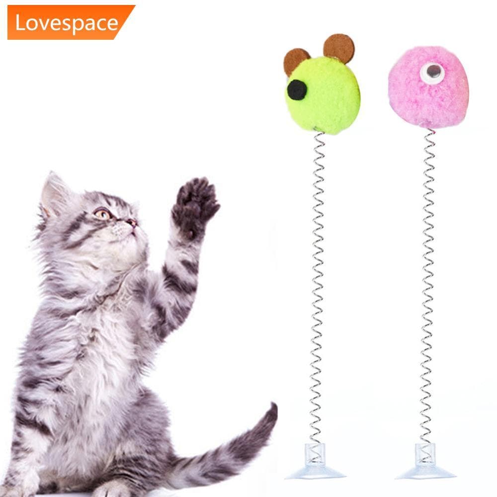 LS-STORE 1pc Pena Primavera Gato Brinquedo Ventosa Multicolorido Bola De Pele De Teaser Varinha Pet Brinquedos Interativ