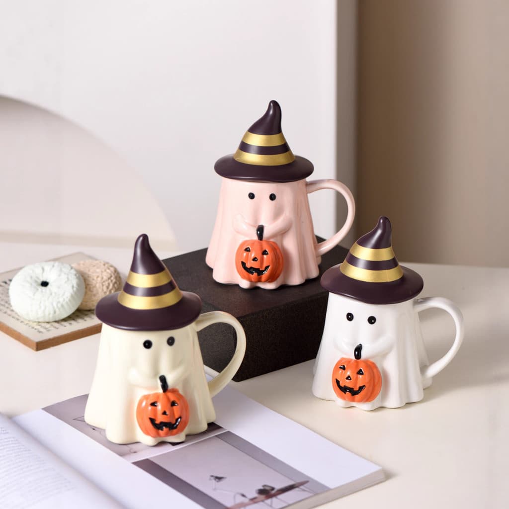 Caneca de cerâmica de abóbora fantasma tridimensional Halloween copo de água de grande capacidade com Li