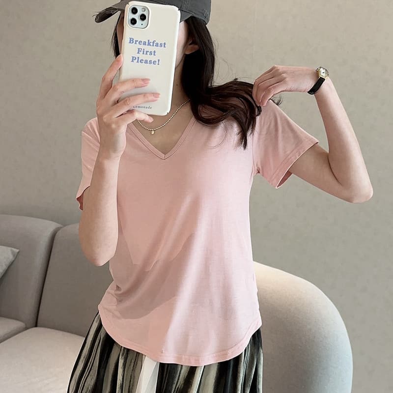 Primavera verão feminino estilo fino Modal com decote em V manga curta camiseta cor sólida solta All-Match topo exterior