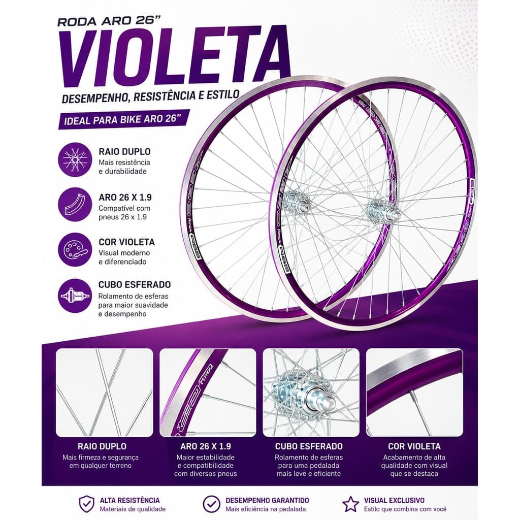 Roda Aro 26 Violeta Aero 26x1.9 Cubo Aço 36 Furos Raio Grosso Bicicleta MTB Urbana Aro Duplo