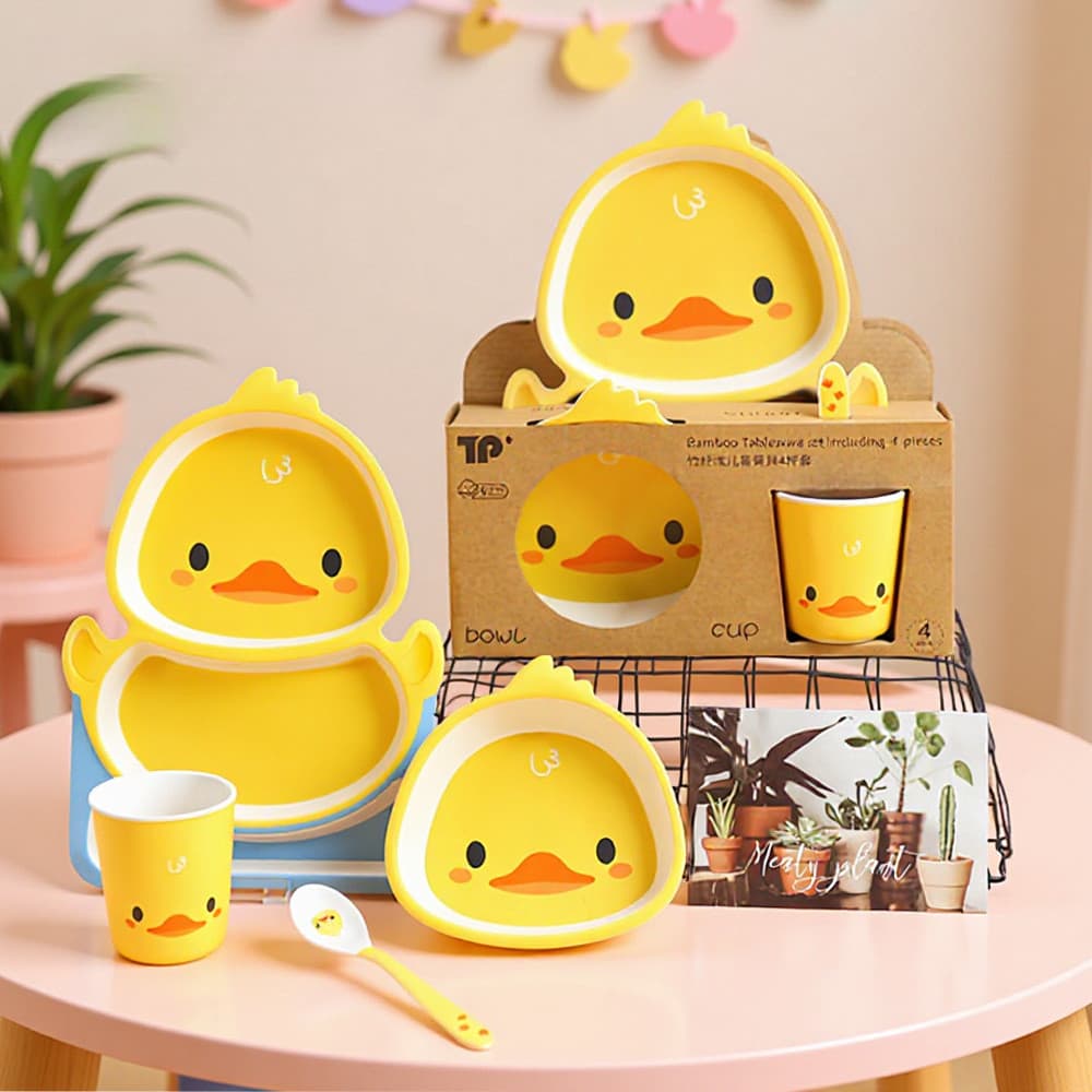 Talheres infantis de alto valor, prato de jantar fofo de pato amarelo, prato de suplemento alimentar para bebê, prato de
