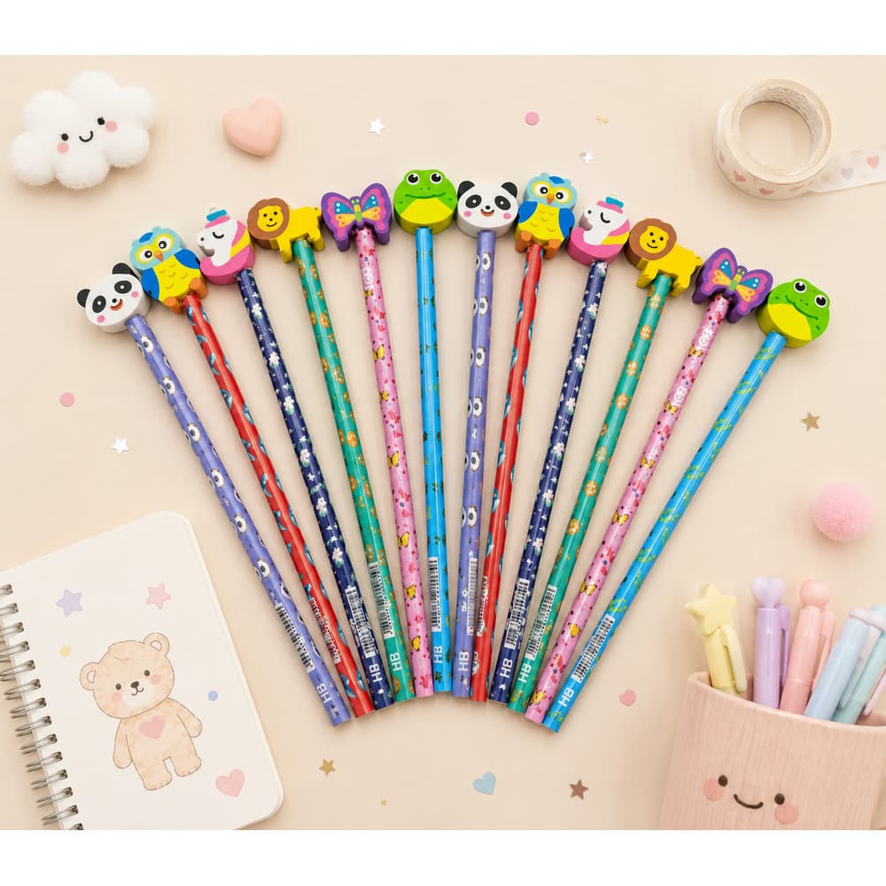 24  Lápis Hb Grafite Com Borracha Fantasia Bichinhos Fofa Divertido Kawaii