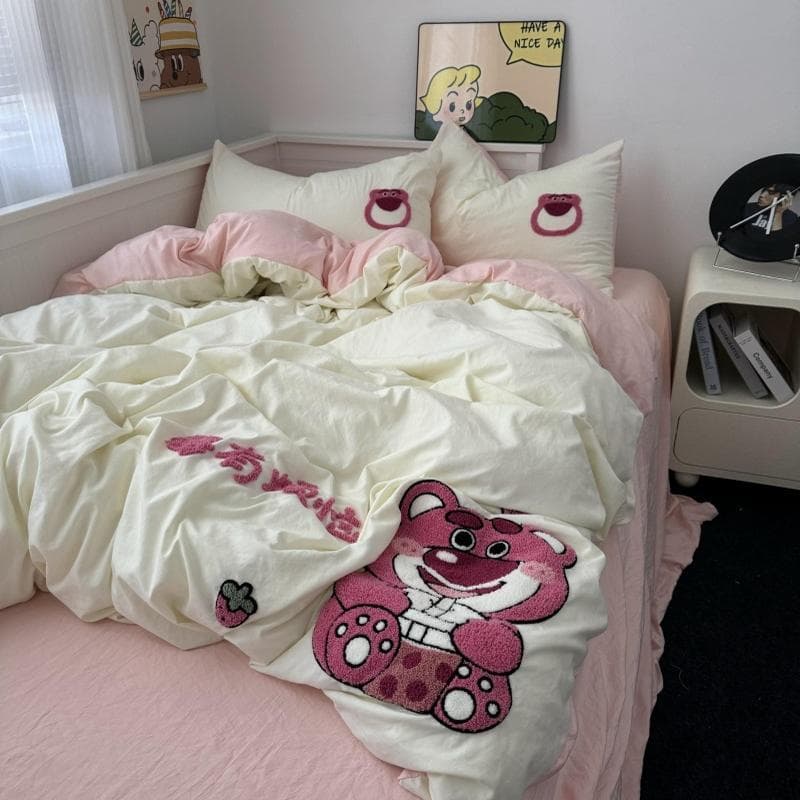 Ins estilo toalha bordado dos desenhos animados lavado algodão cama conjunto de quatro peças dormitório estudante lençol