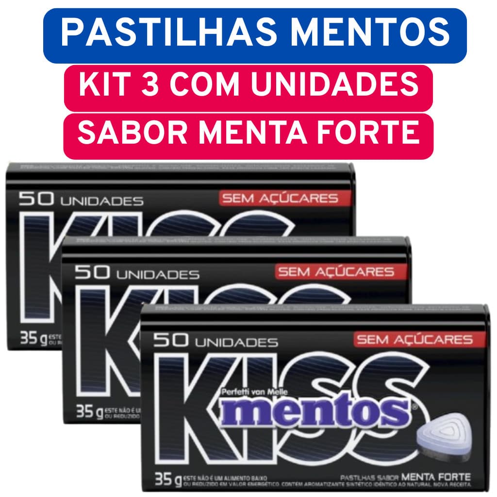 Kit 3 Pastilhas Mentos Kiss Menta Forte Lata Preta Sem Açúcar 35g/cada - 50 unidades