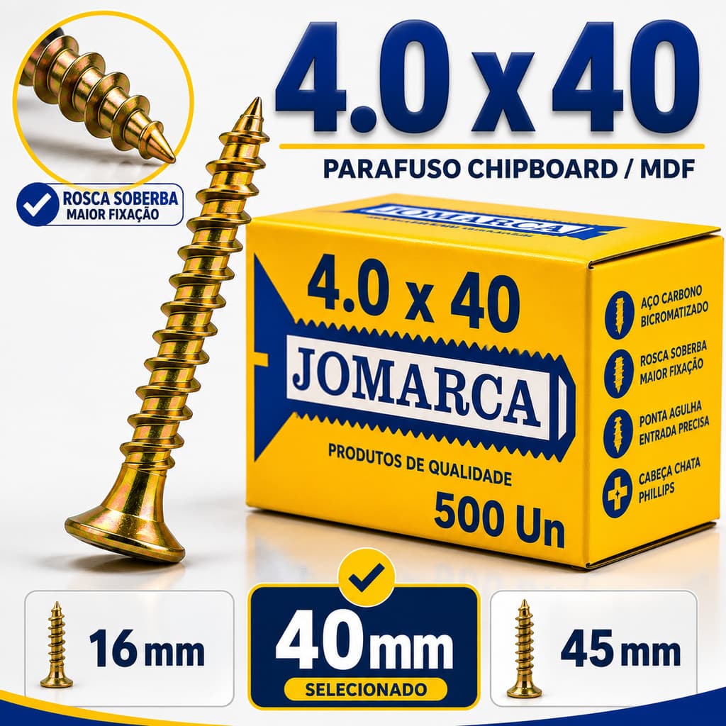Parafuso Chipboard Philips Cabeça Chata 4,0x40mm Kit 500 Peças Para Madeira MDF Jomarca