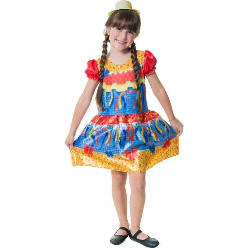 Fantasia Festa Junina Vestido Menina Avental Infantil Estampas Sortidas De 2 À 14 Anos A cor será enviada aleatoriamente
