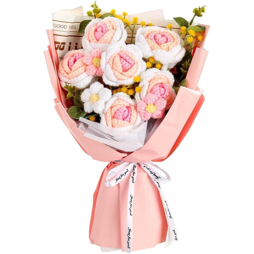 Buquê de Flores de Crochê, Buquê de 6 Flores de Crochê para Formatura, Buquê Tricotado, Rosas, Flor Preservada para o Di