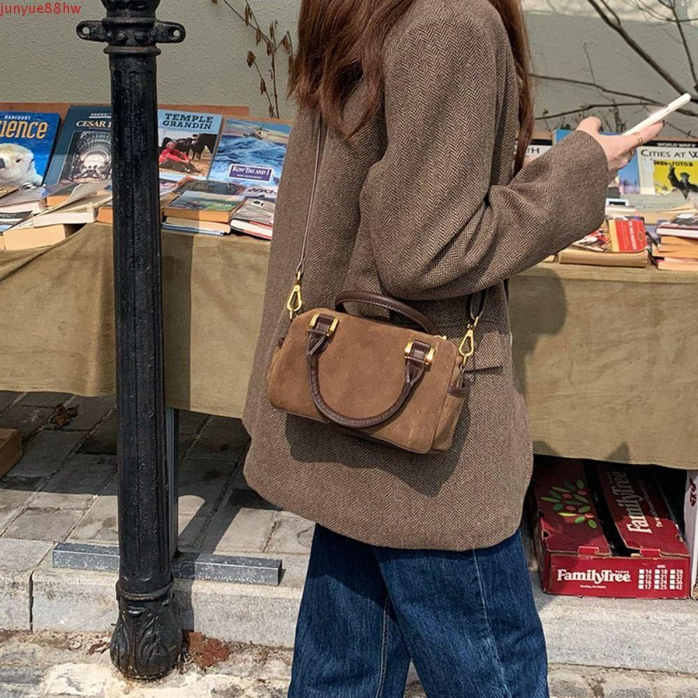 Bolsa Cilíndrica De Camurça Sintética JUNYUE , Crossbody Boston De Cor Sólida Y2K Feminina Casual Estilo Coreano