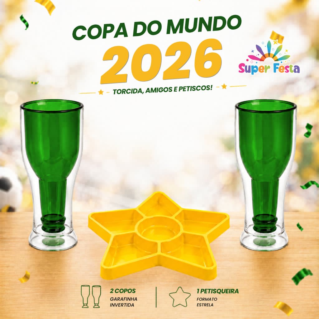 Copa do Mundo Kit 3 Peças 2 Copos Garrafinhas Invertida e 1 Petisqueira formato estrela