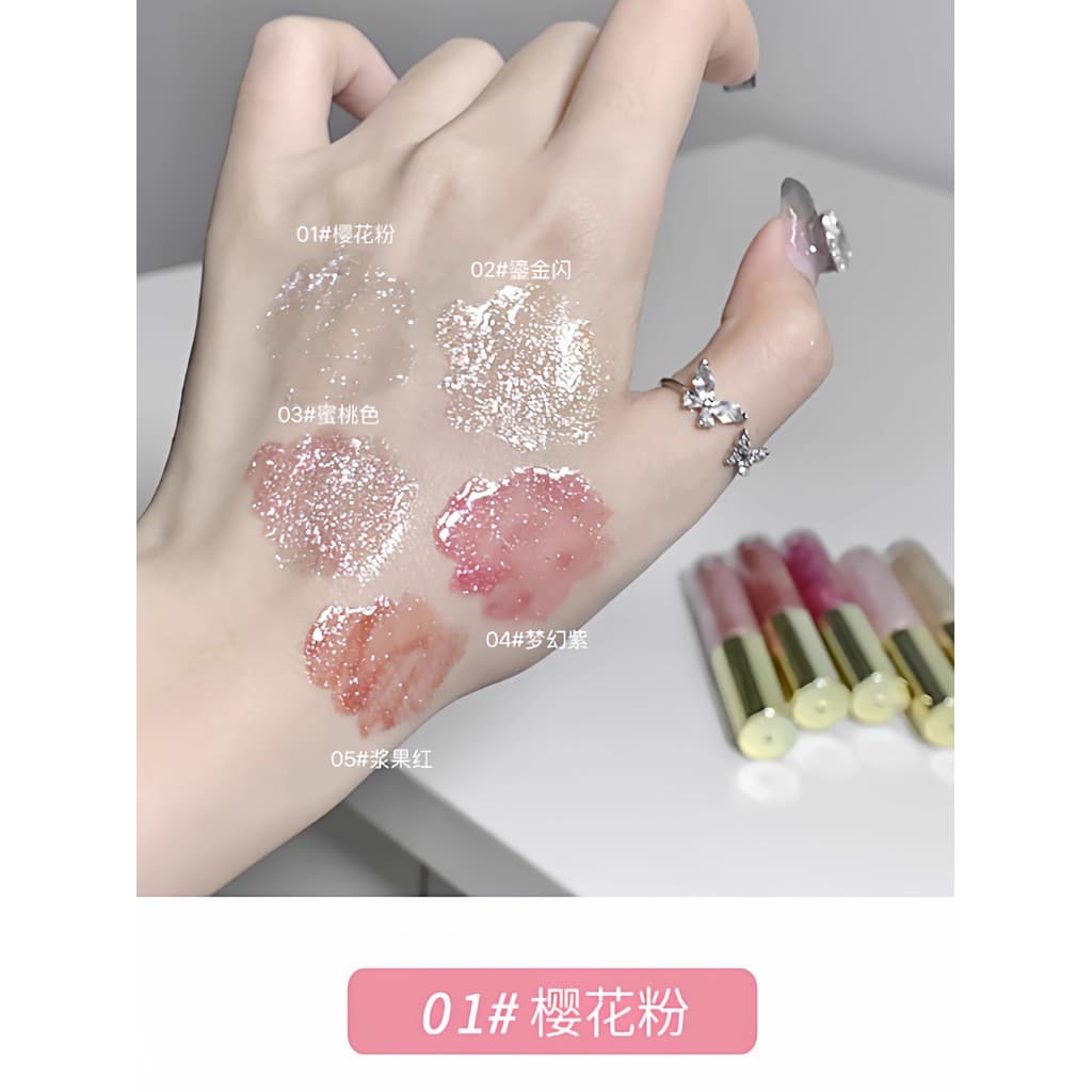 LIP GLOSS com brilho fino pérola Nude flor de cerejeira dourada pêssego essência labial palco iluminando brilho labial