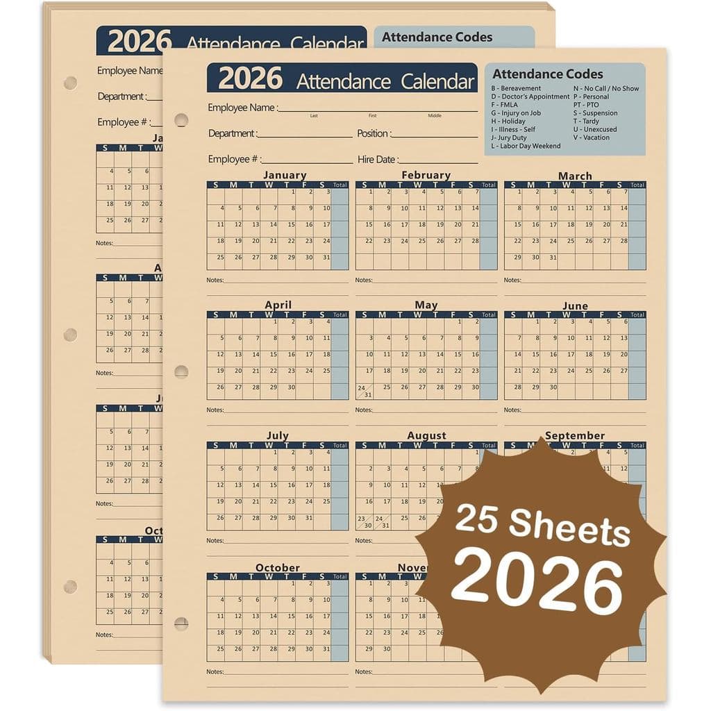 Calendário de Ponto de 2026 - Cartões de Registro de Ponto dos Funcionários, Perfurados com 3 Furos para Encadernação, P