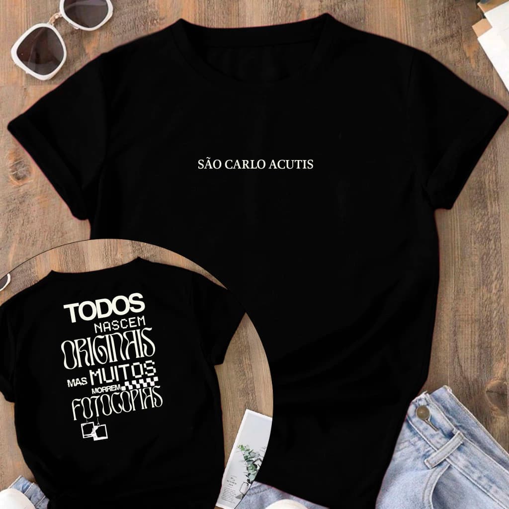Camiseta Tradicional São Carlos Acutis Santo Jovem Cristã Católica 100% Algodão Unissex