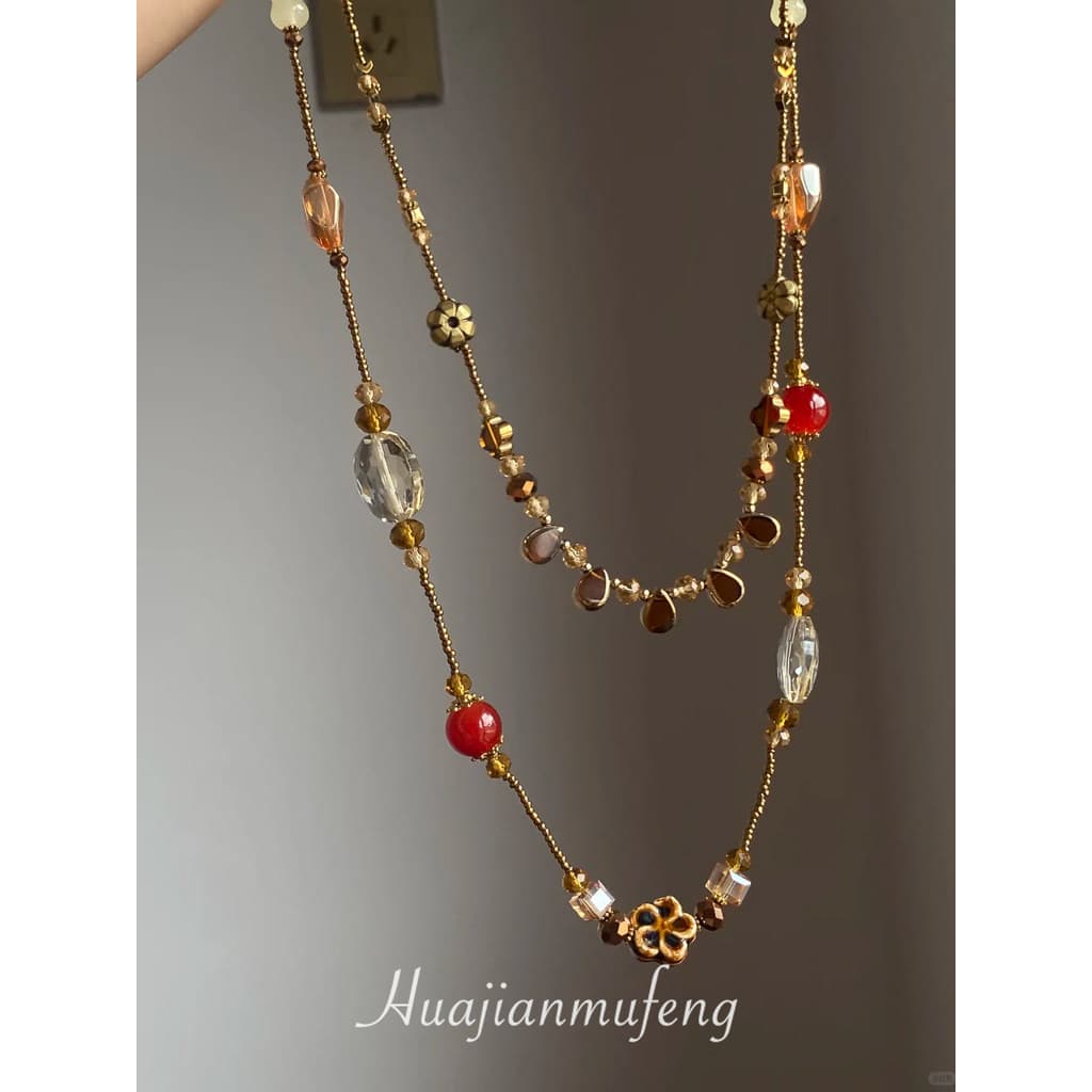 [Late Autumn] Colar de borla com contas de cristal marrom dourado em camadas de camada dupla feminino Medieval estilo di