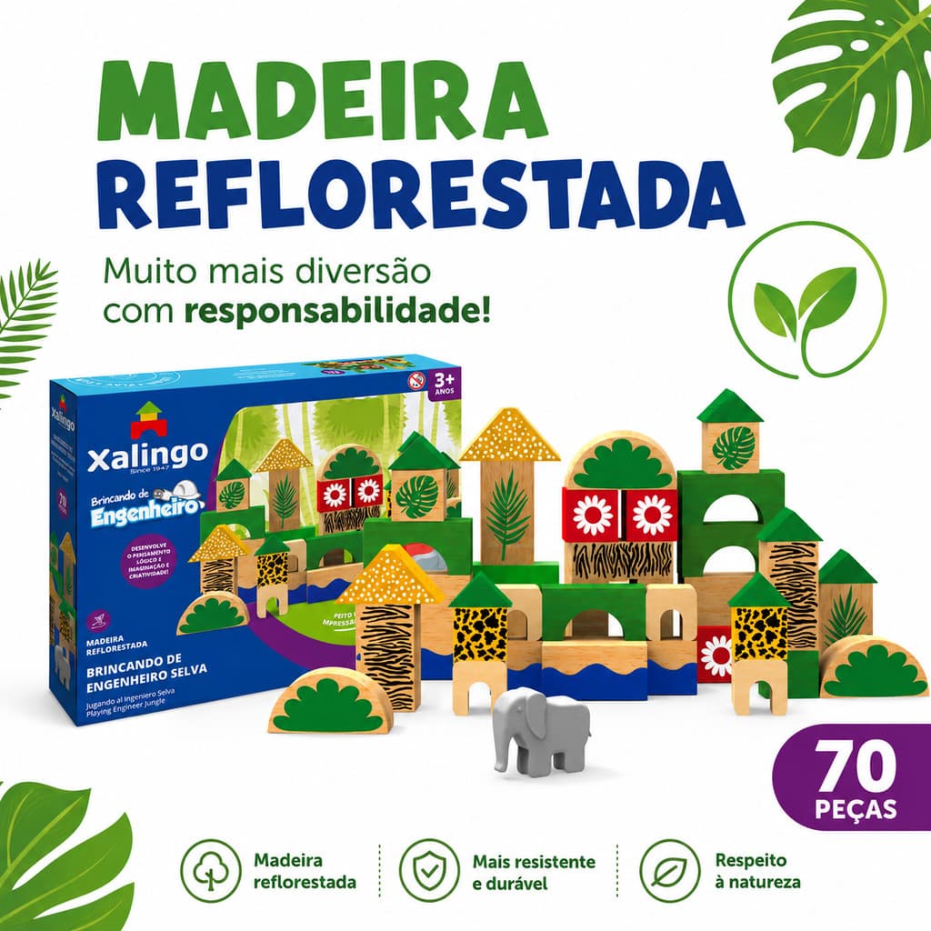 Brincando de Engenheiro Selva em Madeira Reflorestada 70 Peças Xalingo - 54609