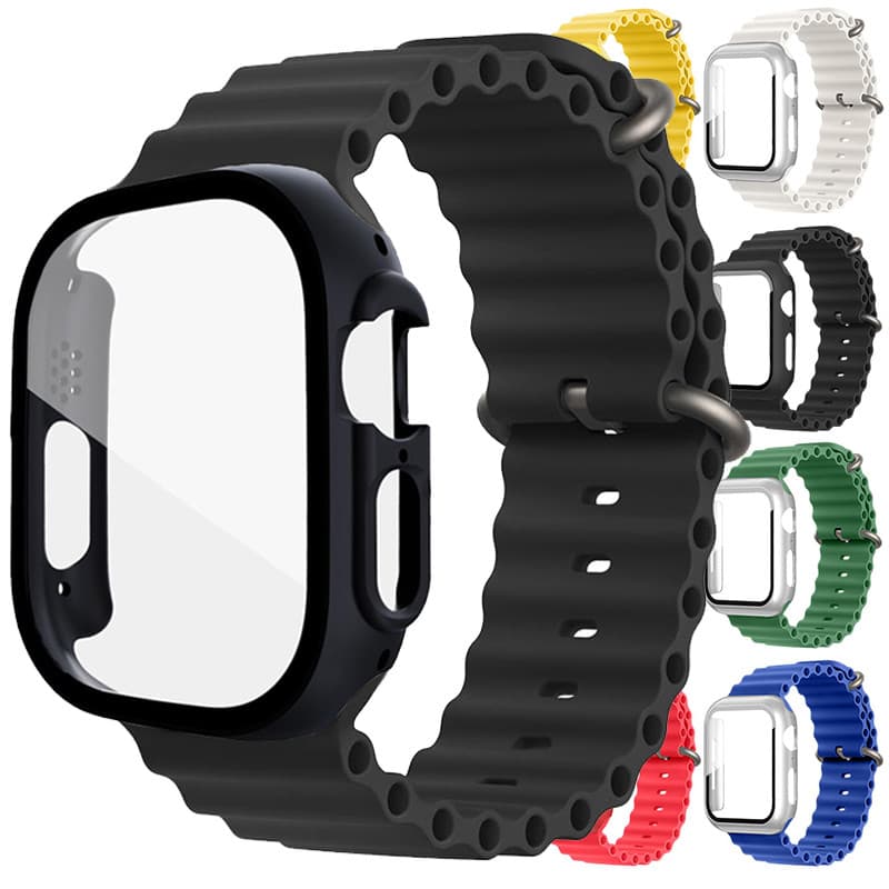 Pulseira Oceano Silicone + Capa Capinha PC Para IWatch Apple Watch Series 11 10 9 8 7 6 SE 3 2 46 45 42 41 44 40 38mm