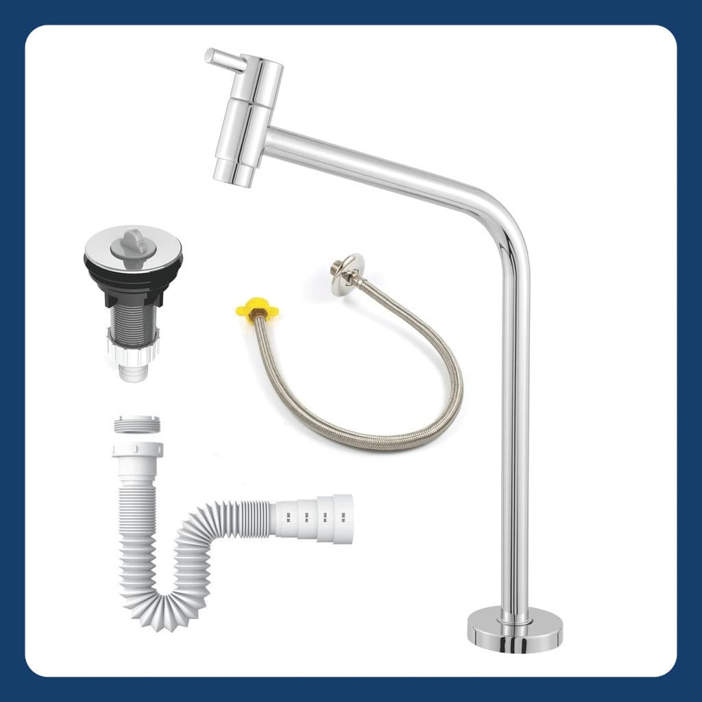Kit Torneira Sifão e Válvula: Torneira Metal Alta + Sifão Universal + Engate Inox