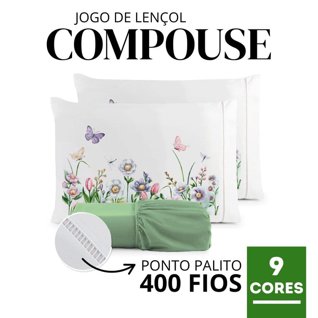 Jogo de Lençol Fronha Estampada Micropercal 400 Fios Ponto Palito - Borboletas