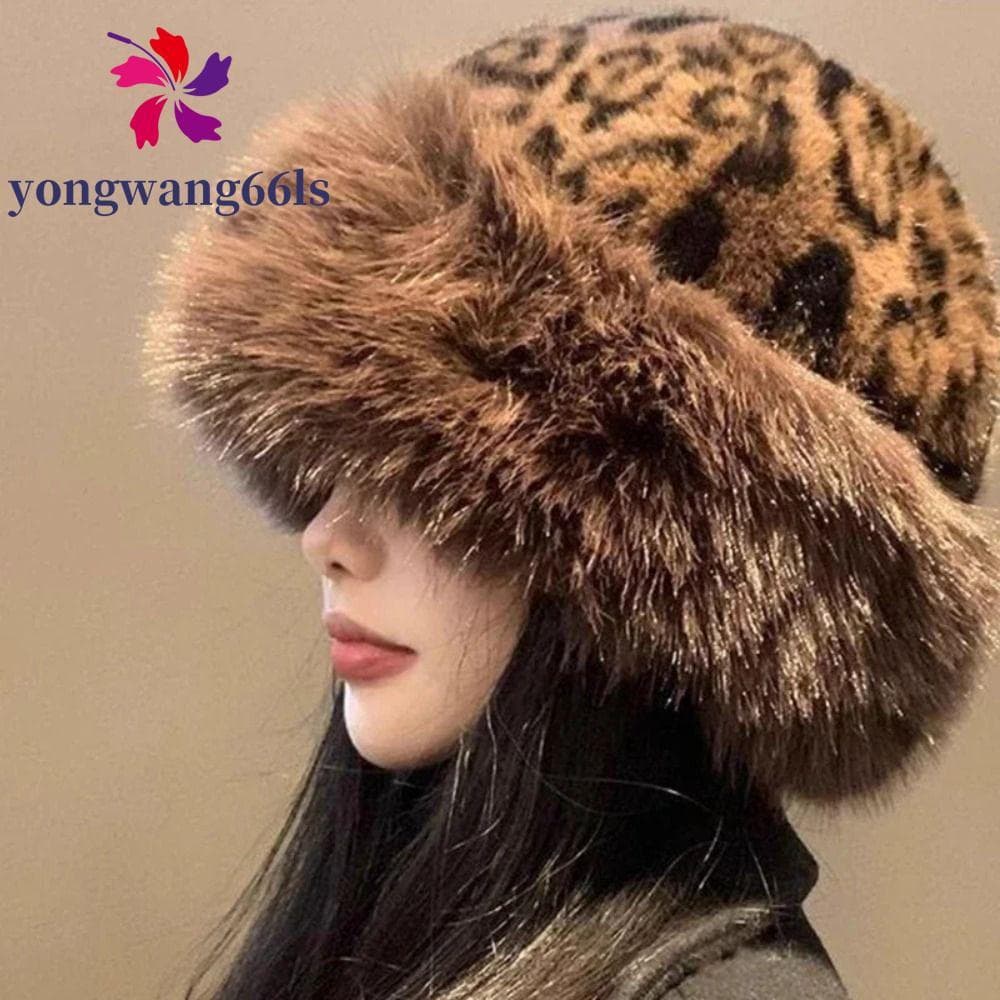 YONGWANG Chapéu Mongol De Pelúcia Com Estampa De Leopardo , Boné Quente De Pele De Vison , Esqui Fofo , ins