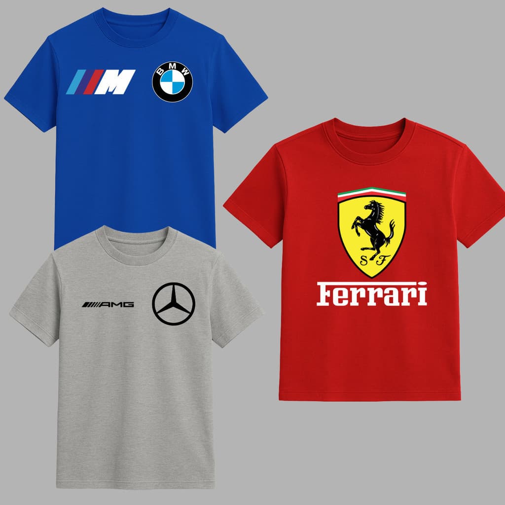 Kit 3 Camisetas Infantil Algodão Ferrari BMW Mercedes Carros Esportivos