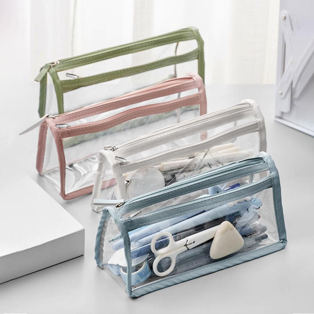 Estojo transparente de grande capacidade, estojo de maquiagem simples e fofo, bolsa de material escolar para estudo.