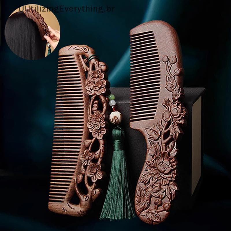 UUTIL Pente De Lótus Esculpido Em Sândalo Natural Antiestático Para Barba De Madeira Presente Estilo De Cabelo