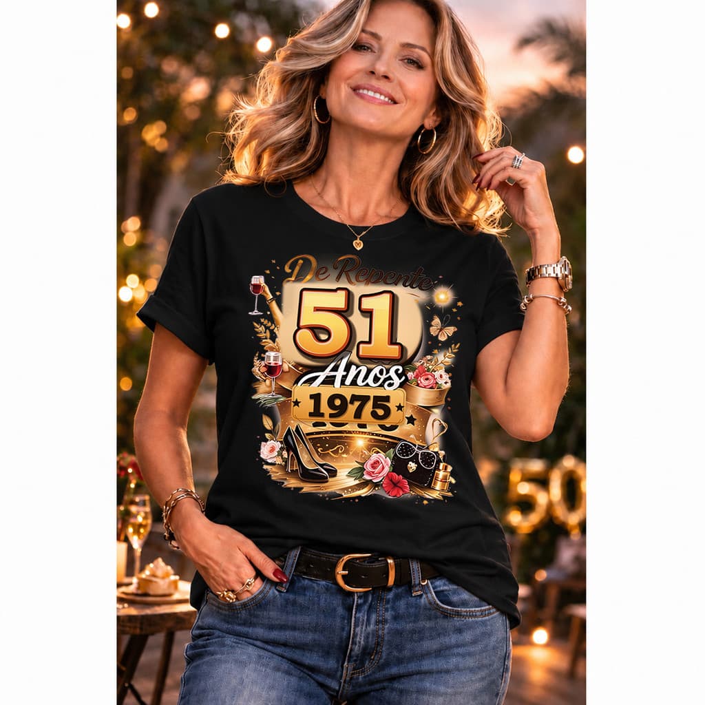 [Camiseta Premium em Algodão Puro]VU Masculino Curto 51 Anos 1975, Estilo Celebratório, Para Adultos, bege e dourado, Id