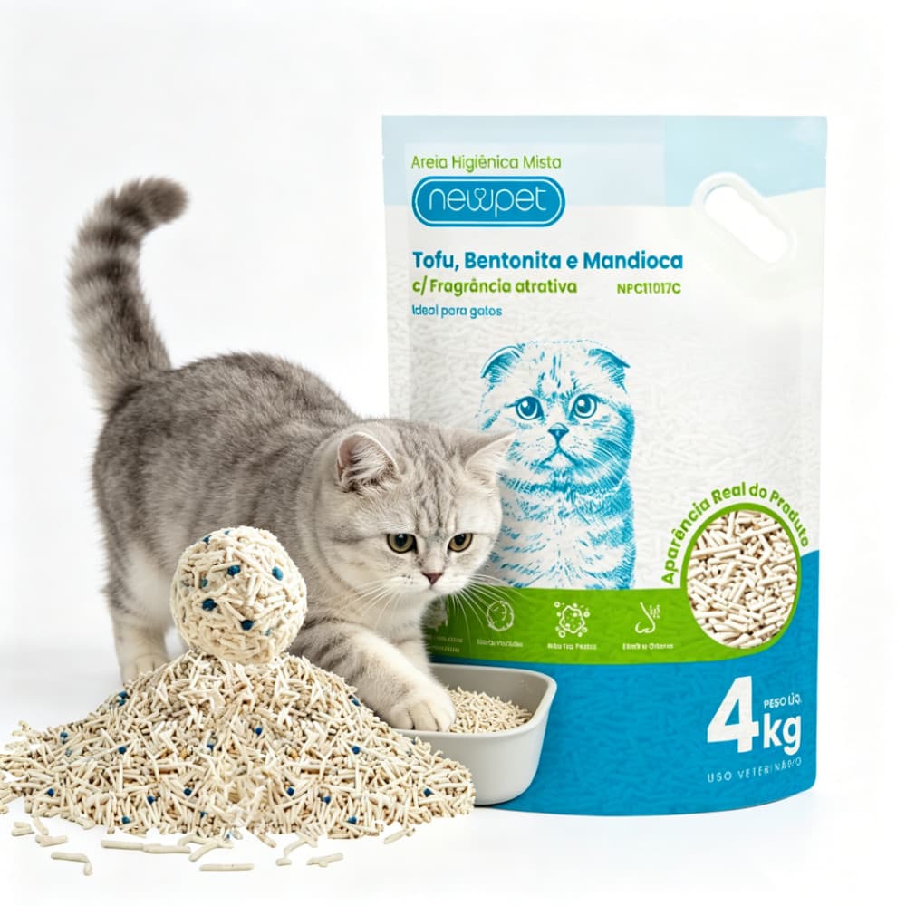 Newpet Tofu, Mandioca e Bentonita: Mistura para gatos com pouca poeira e forte absorção