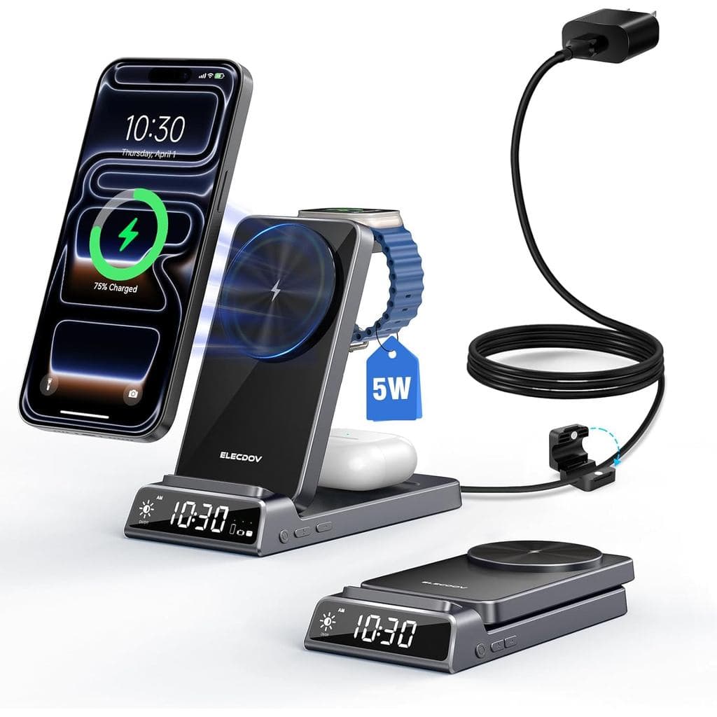 Estação de Carregamento 3 em 1 para Apple, Carregador Magnético para iPhone, Carregador Sem Fio Dobrável com Relógio de