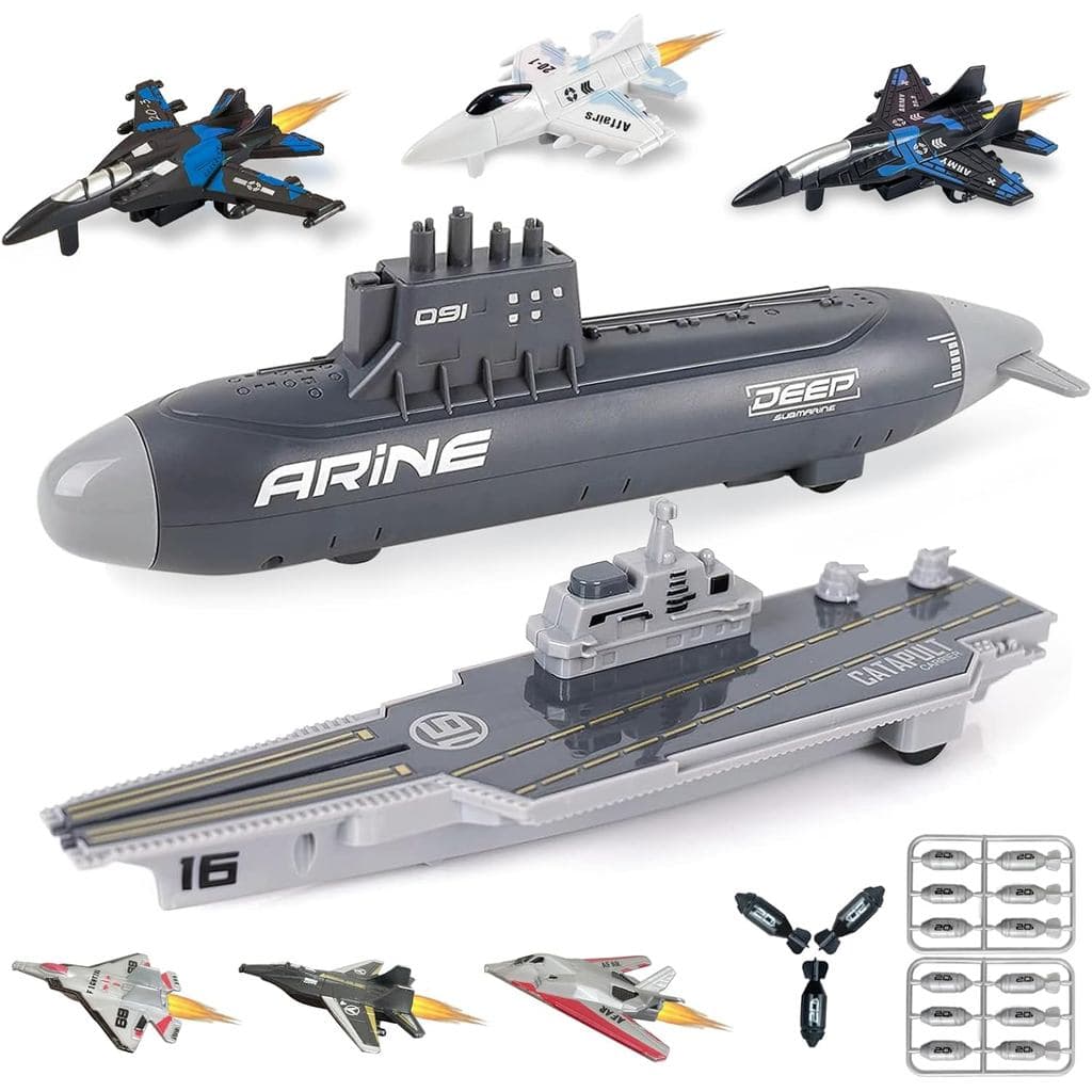 Brinquedo de Porta-Aviões WASK e Submarino, Navio Naval com Lançador, Modelo em Pequena Escala de Avião de Combate e Tor