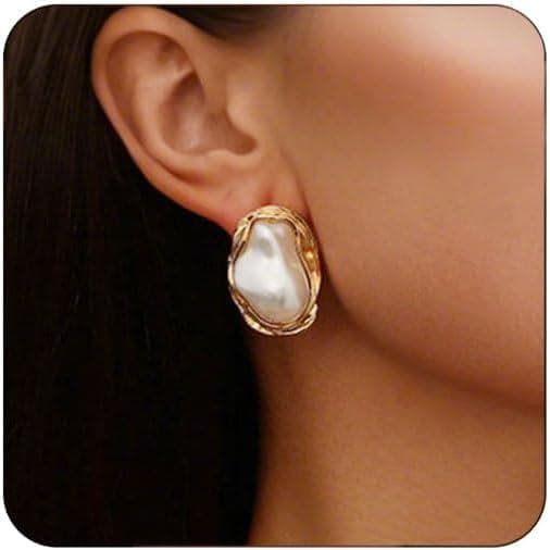 Brincos de Pérola Boho para Mulheres, Brincos de Pérola Irregular e Ouro, Brincos Grandes de Pérolas de Água Doce, Brinc