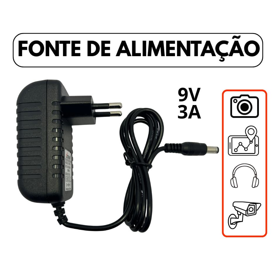 Fonte de Alimentação 9V 3A Bivolt Plug P4 para Câmeras, GPS e Eletrônicos