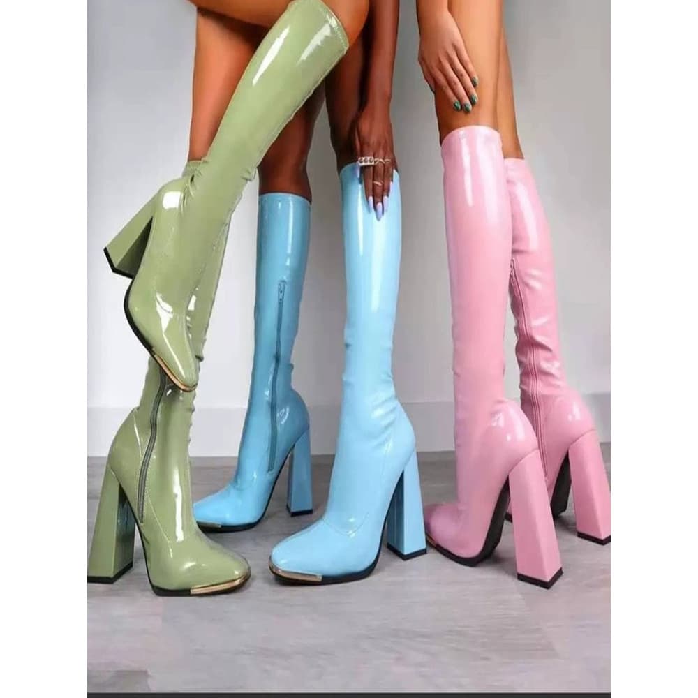 Europeu americano novo estilo dedo do pé quadrado salto grosso couro brilhante salto alto tubo longo botas femininas Cro