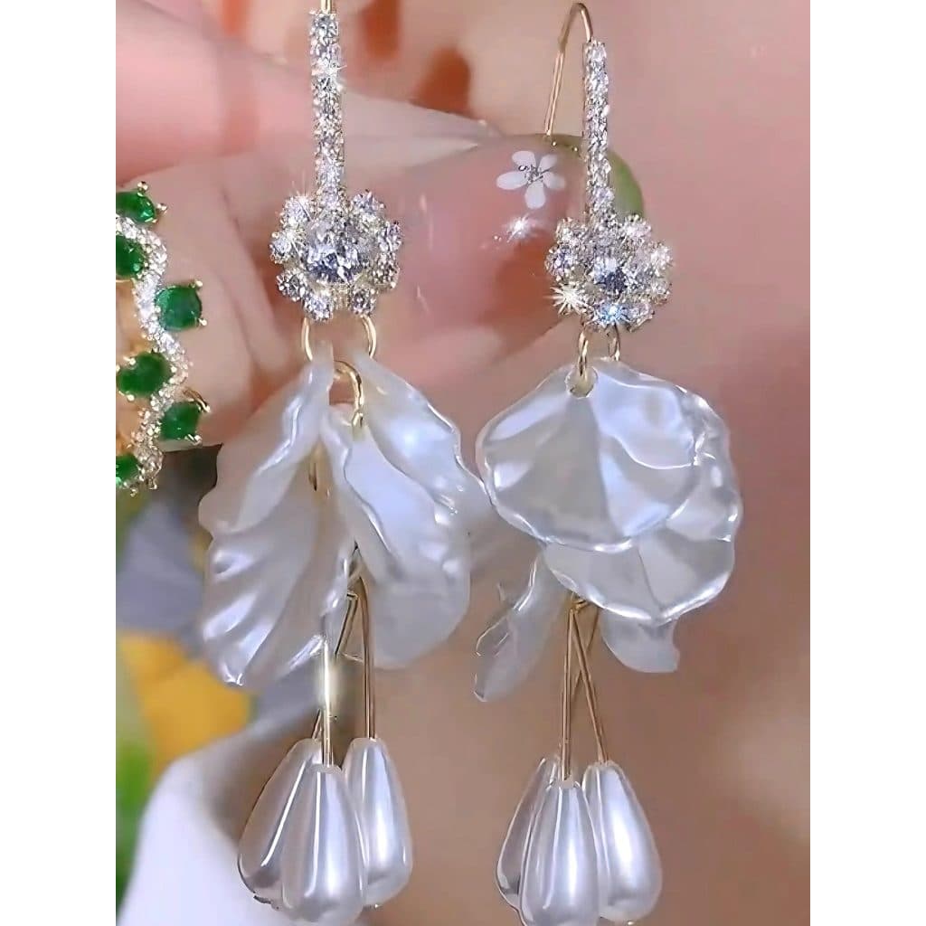 brinco de pressão brincos feminino Francês Super fada diamante pérola flor borla brincos longa luz luxo elegante nicho