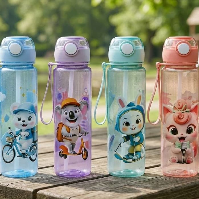 Garrafa de Água Infantil 700ML Com Canudo e Alça – Personagens Divertidos