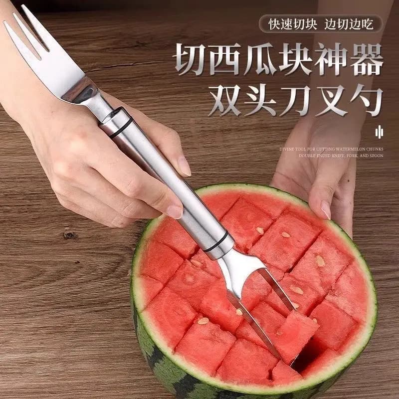 Cortador de melancia de aço inoxidável 430 com duas cabeças, garfo para frutas, ferramenta de corte multifuncional para