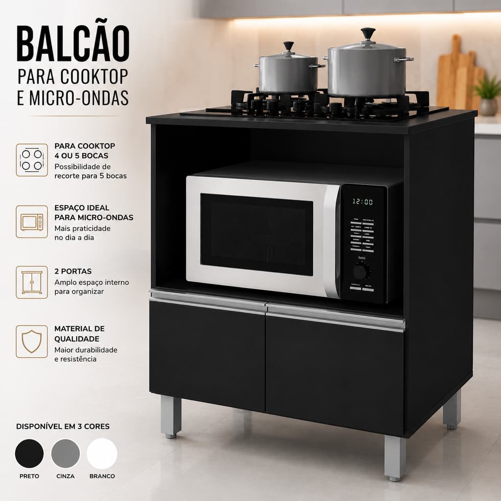 Balcão para Cooktop 4 Bocas Compatível com 5 Bocas e Suporte Micro-ondas e 2 Portas