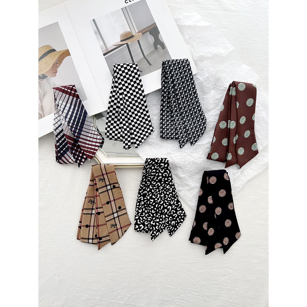 Lenço de seda longo High-End sentimento ins francês estreito cachecol feminino estilo coreano usar lenço de seda bolinha