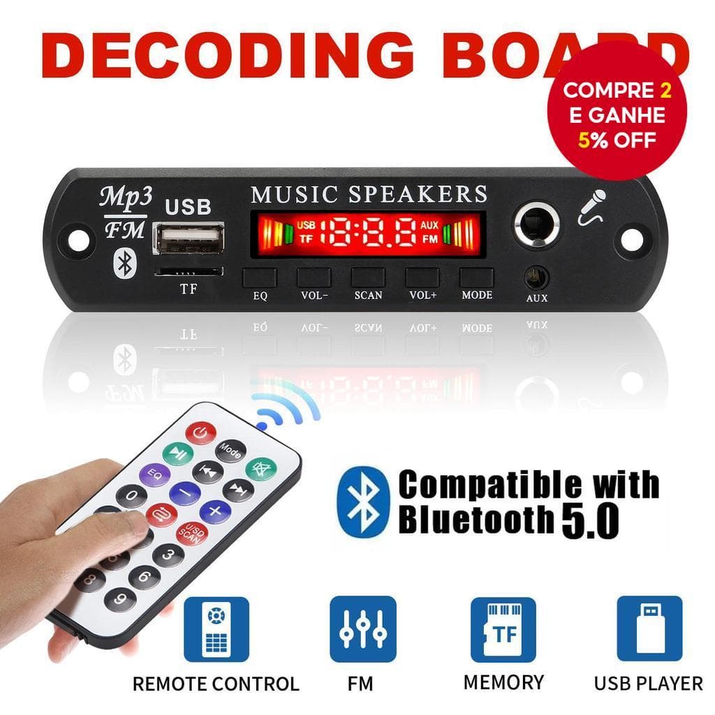 Placa Amplificadora Bluetooth 5.0 DC6V-12V Com Controle Remoto E Display , Módulo Receptor De Áudio De Baixa Potência Pa