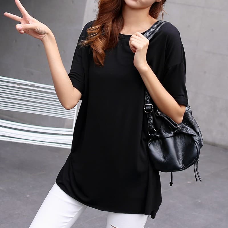 Verão cor sólida Modal algodão manga curta camiseta feminina de comprimento médio versão coreana algodão estudante solto