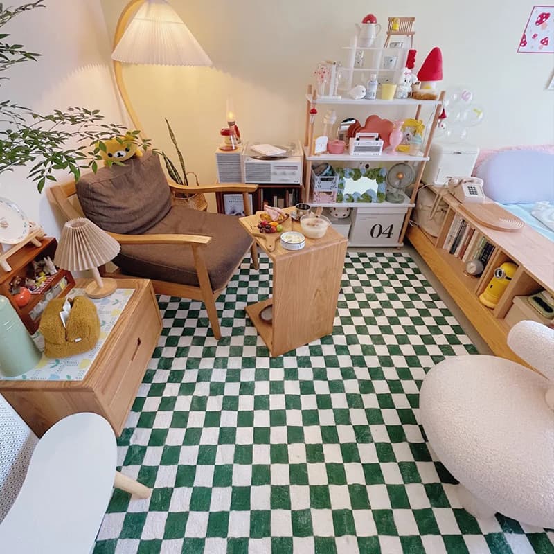 Checkerboard tapete sala de estar sofá quarto cobertor cabeceira influenciador Nordic pelúcia verde preto branco xadrez