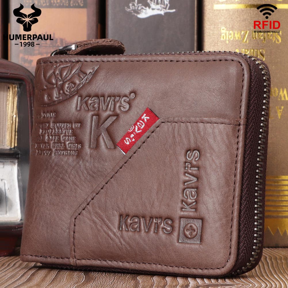 Primeira camada de couro masculino curto zíper titular do cartão Retro grande capacidade macio RFID carteira couro genuí
