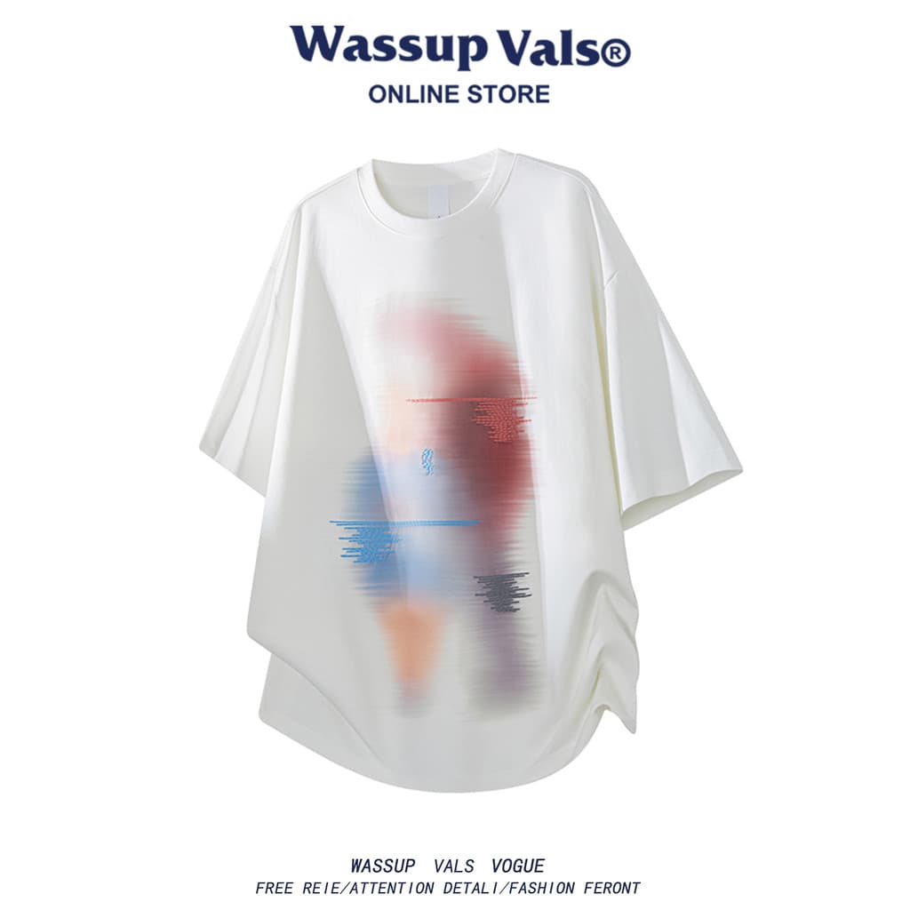 WASSUP VALS Verão Gradiente Mancha camiseta Masculina Street Wear Solta Gola Redonda Adolescente High Street Estilo Casu