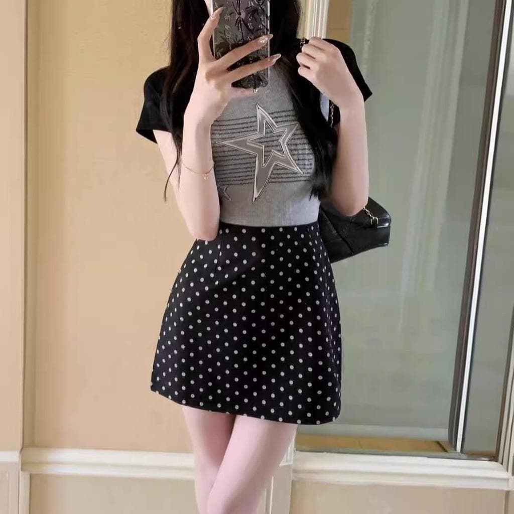 Cinza branco Polka Dot saia feminina primavera outono novo estilo francês cintura alta Hip saia A linha saia curta saia