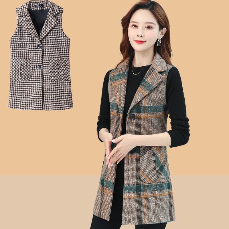 Colete de lã feminino de meia-idade, roupa de mãe, comprimento médio, gola, estilo fino, 50, colete xadrez feminino, rou
