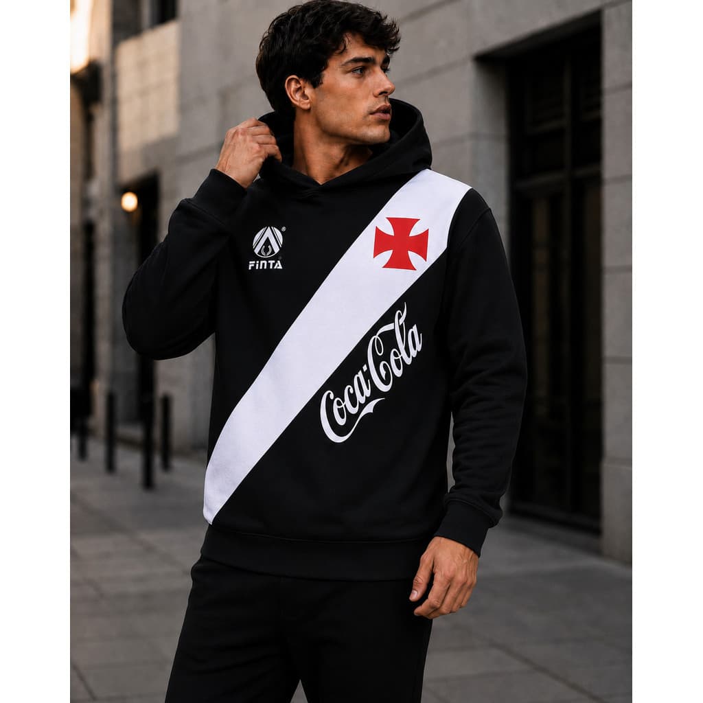 Blusa de Frio Moletom Full Capuz Fechado Estampa Time Futebol Preto e Branco Vaco